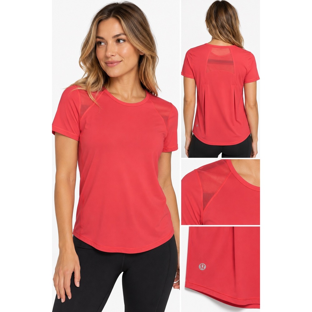 Lululemon Sculpt Short Sleeve Shirt Pink Red Mesh Back Training Top Womens 4